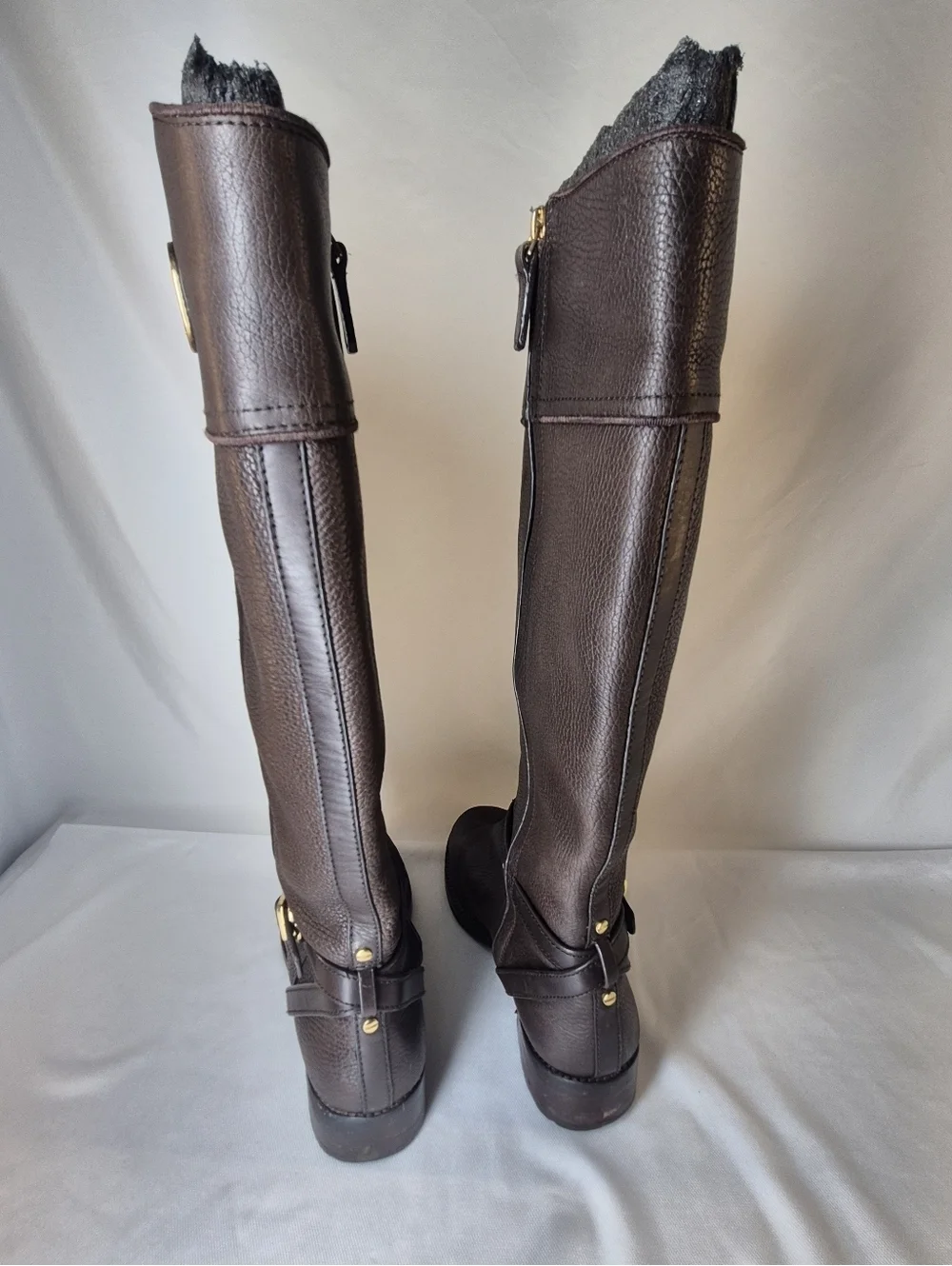 Tory Burch Teresa Women's 9M Riding Boots Brown Pebbled Leather Gold Ligo Buckle